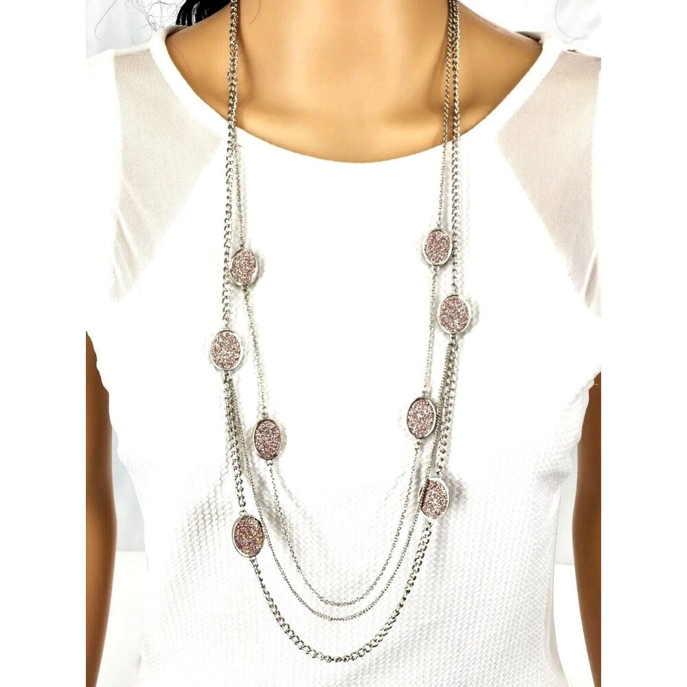 35.5 inch Layered Necklace Silver-tone Curb & Cable Chain & Pink Glitter Pendant